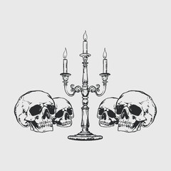 Hand drawn skulls and candle holder for creating gothic designs. Vintage illustration for posters, tattoos, occult art, Halloween invitations or dark aesthetic designs.
