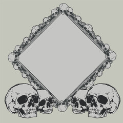 Gothic Skull Frame with Hand-Drawn Bones and Blank Center for Text. Vintage Horror Border Illustration for Posters, Tattoos, Occult Art, Halloween Invitations or Dark Aesthetic Designs.