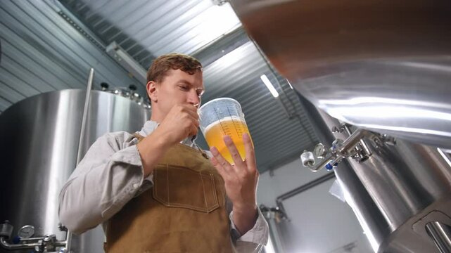 Brewer evaluating fresh light beer sample in stainless steel brewery environment
