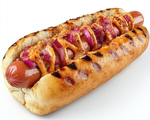 Grilled hot dog with mustard, onions, and cheese