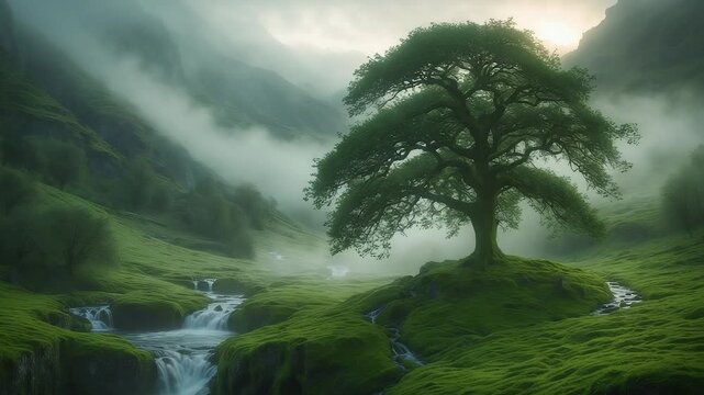 Lone Tree Valley Mist Green Hills Stream Sunlight Nature Landscape