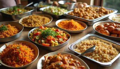 Obraz premium Potluck dinner with various dishes on table. Buffet with salads, vegetables, meat, fruits and snacks. Catering meal at home. Healthy fresh tasty food for guests.