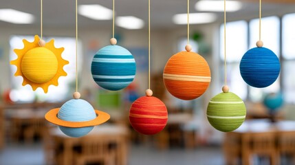 Hanging planets and sun mobile decoration in classroom