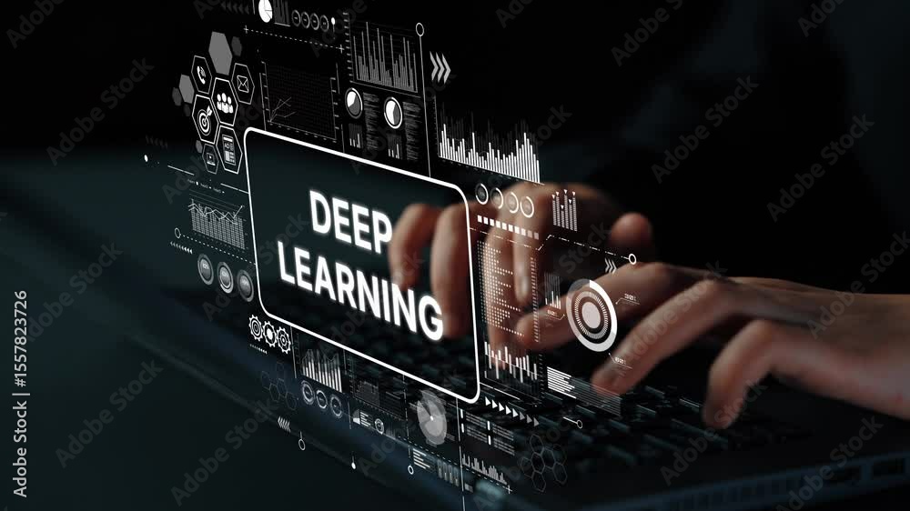 Poster innovative deep learning technology in action with hands typing on laptop surrounded by data visuali