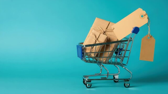 Small shopping cart with packages and blank tags on blue background