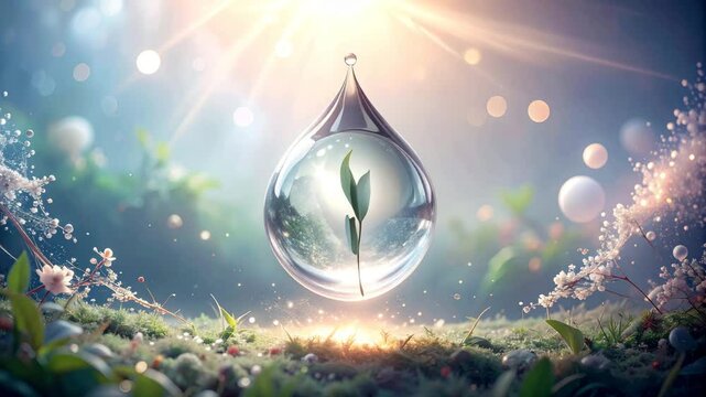 Growth and life: water drop sequence with green sprout and soft light.