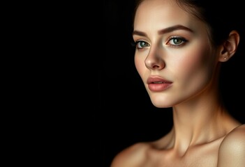 Fototapeta premium Serene female portrait on black background with subtle gradient effect