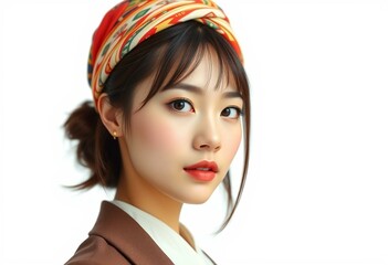 Half-length female portrait with modern outfit and cultural headwear