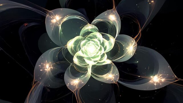 Ethereal, luminous floral fractal animation radiating soft light and sparkling particles