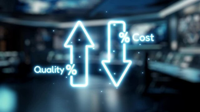 A robotic hand points towards vibrant visual indicators showing rising quality and falling costs, symbolizing progress and efficiency in contemporary technology-driven industries. Auvana