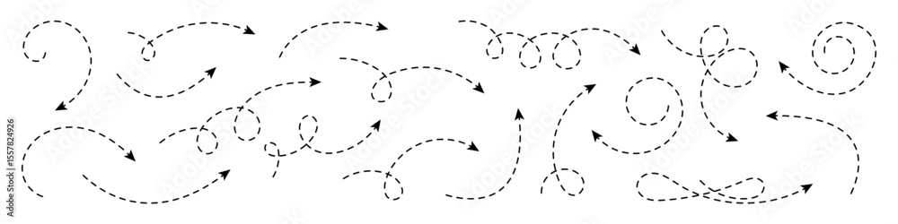 Wall mural collection of curved arrows with dashed lines. minimalist elements for navigation, direction, proces