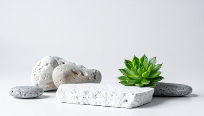 Natural white stone podium for product presentation with rocks and green succulent. Mock-up.