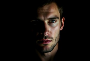 Contemplative male portrait on black background