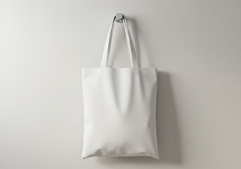 A white tote bag hangs from a metal hook on a neutral colored wall.