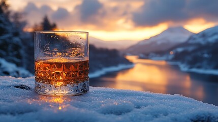 Whiskey glass at sunset over snow landscape
