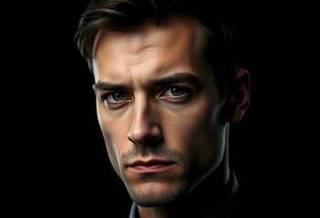 Fototapeta premium Serious male portrait on black background