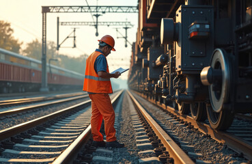 Naklejka premium Railway engineer inspects train track condition. Wearing safety uniform helmet. Checking railway switch maintenance work. Pro worker checks railroad station industrial process. Safety transport