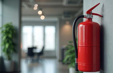 Red fire extinguisher mounted on office wall. Fire safety equipment for business, workplace, building protection. Emergency preparedness, prevention. Modern clean interior design, corporate office.