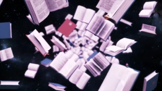 Looping Tunnel of Books Flying in Space