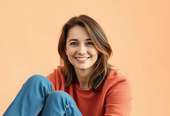 Fototapeta premium Photorealistic natural light portrait of a woman on a soft pastel-colored background