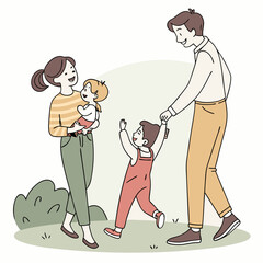 Happy Family Illustration with Parents and Two Young Children Outdoors – Cartoon Style