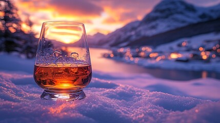 Whiskey glass on snow at sunset