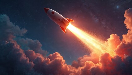 Obraz premium Rocket launch into night sky above clouds. Concept of business startup, achievement. Metaphor for fast growth, innovation. Rocket emits fire, representing speed, progress, success. New beginnings,