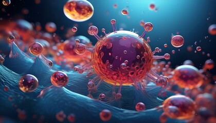 Naklejka premium microscopic virus cells in liquid bubbles rising