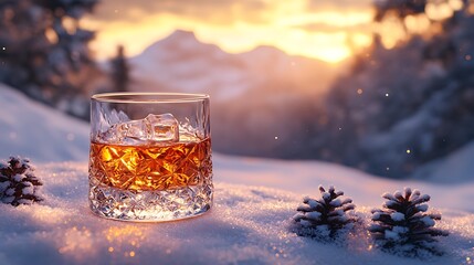 Whisky glass winter sunset landscape