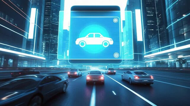 City Street with Cars and Large Digital Car Icon Display on Screen Amid Tall Buildings at Night