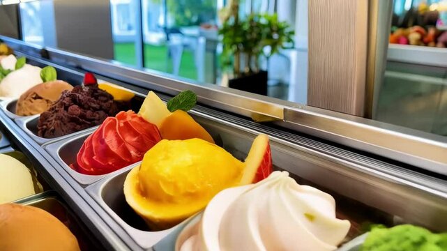 Display case featuring numerous assorted gelato ice cream flavors with toppings in a shop