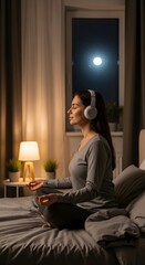 Fototapeta premium Woman Meditating in Bed at Night with Headphones, Moonlit Window