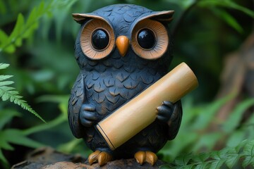 Cute owl figurine holding a scroll, nestled in greenery