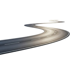 A winding asphalt road stretches into the distance on a black background, showcasing transportation themes and inviting a sense of journey with its curved highway and directional lane markings.