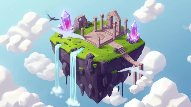 Isometric floating island with ancient ruins crystals waterfalls connected by a stone bridge surrounded by clouds and birds