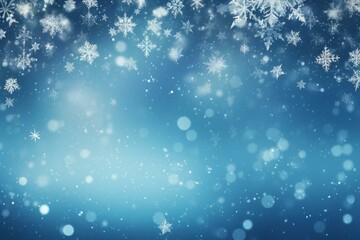 Fototapeta premium Snowflakes falling gently against a blurred blue background, creating a magical winter wonderland perfect for holiday projects