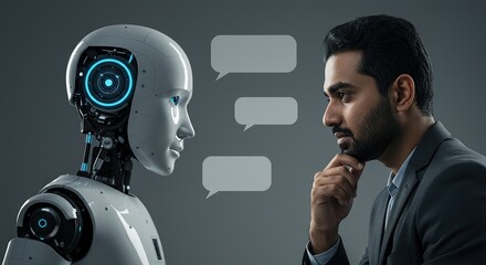 AI and Human Interaction: Thoughtful Man Conversing with a Humanoid Robot, Featuring Blank Speech Bubbles for Dialogue,