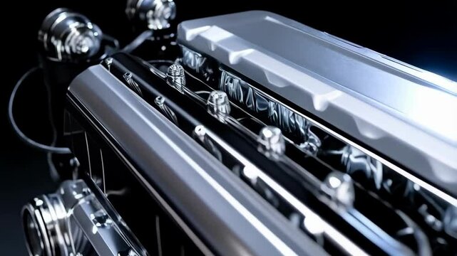 Close up of internal combustion engine with chrome detailing and mechanical components for automotive industry and engineering