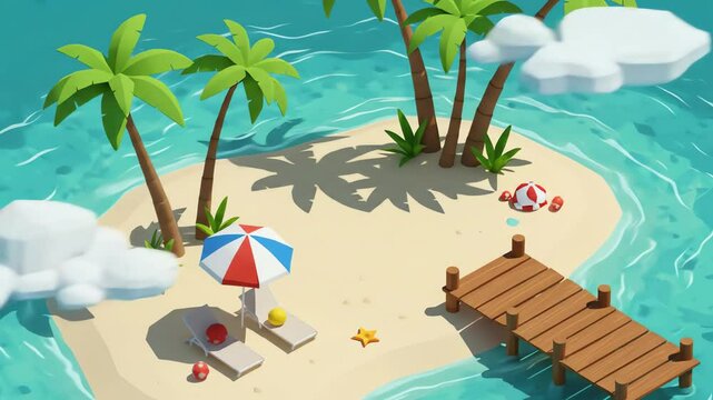 Island scene with palm trees beach pier and redwhite striped objects