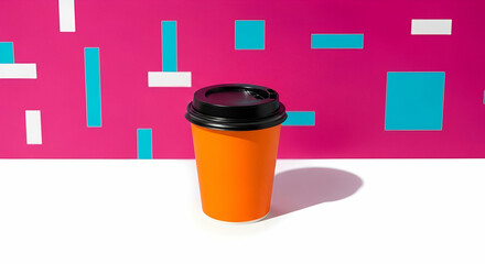 Vibrant Orange Coffee Cup with Black Lid on Colorful Background of Pink and Blue Geometric Shapes