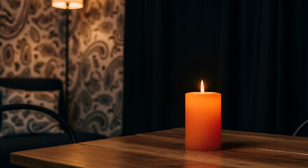Warm and Cozy Atmosphere with Single Burning Candle on Wooden Table in Stylish Room with Dark Background and Elegant Decor