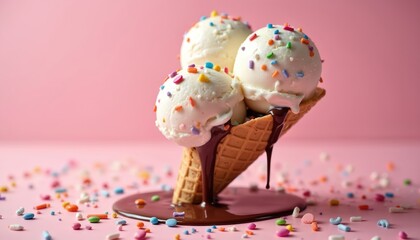 Ice cream cone with three vanilla ice cream scoops topped with sprinkles. Melted chocolate sauce on a pink background. Delicious dessert, sweet treat for summer.