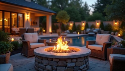 Evening backyard scene with fire pit. Cozy outdoor setting, patio furniture around fire. Warm lighting creates relaxing ambience. Swimming pool in background. Home residential luxury design for
