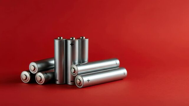 Seven silver batteries on red background