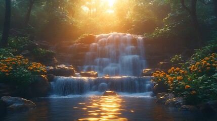 Golden light waterfall in forest