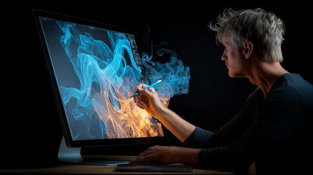 Man is painting a picture on a computer monitor. The painting is of a mountain range with a blue sky. The man is using a brush to create the painting