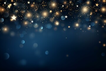 Festive blue background with golden stars, sparkles, and bokeh effect, perfect for christmas or holiday themed designs