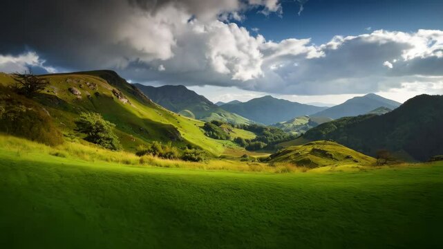 Scenic mountain range landscape with green hillsides, dramatic clouds, and patches of sunlight