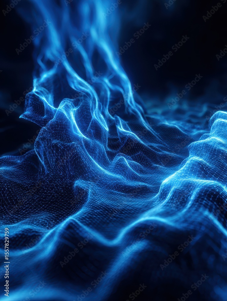 Poster a mesmerizing display of glowing blue data streams flowing through an abstract digital grid, symboli