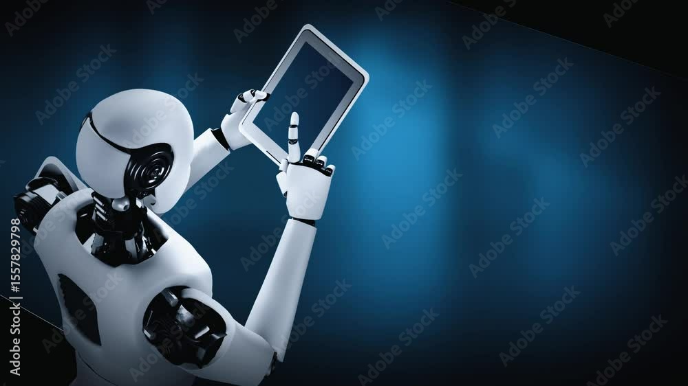 Poster robot hominoid using tablet computer for big data analytic using ai thinking brain , artificial inte